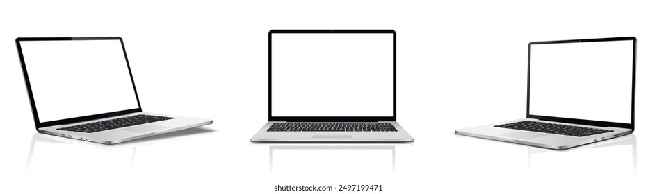 Modern laptop mockup, isolated on white background with reflection