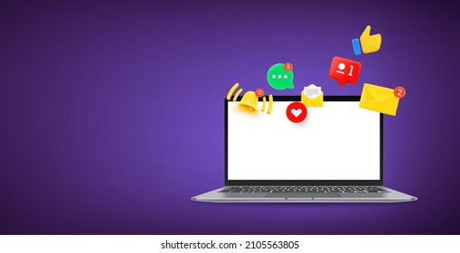 Modern laptop mockup with notifications of messengers. Horizontal vector banner with copy space