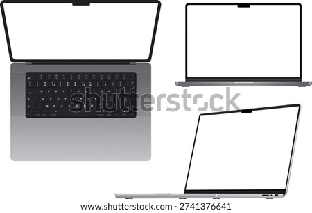 Modern Laptop Mockup Set. Front, Top and Angled View. Slim Notebook Computer with Blank Screen. UI Design, Website Presentation, App Showcase, Branding  Product Display Macbook Pro. Macbook Air