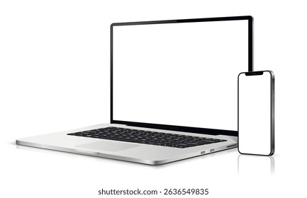 Modern laptop mockup and smartphone mockup isolated on white background