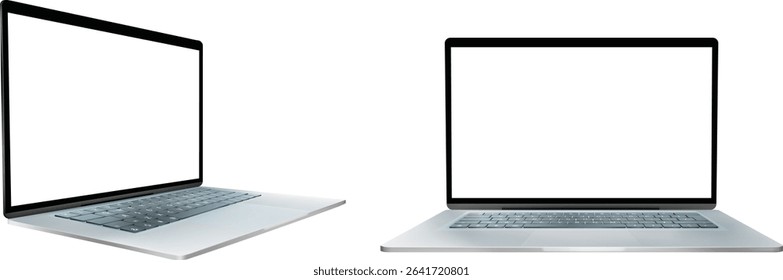 Modern laptop mockup with two silver notebooks on white background. One front view and one angled side view with blank screens, perfect for showcasing web design, apps, or branding.