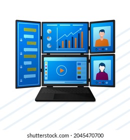 Modern laptop with multiple screens for work, communication, video conferencing and entertainment. Vector illustration.