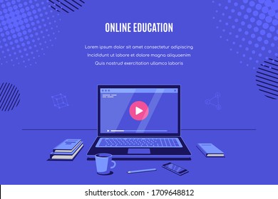 Modern laptop with online video player on screen. Online webinar, video tutorial, online education concept banner. Flat style illustration.