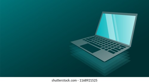Modern laptop pc computer on dark green background. Concept of innovation block chain system and internet international worldwide connection or communication,  online networks. 