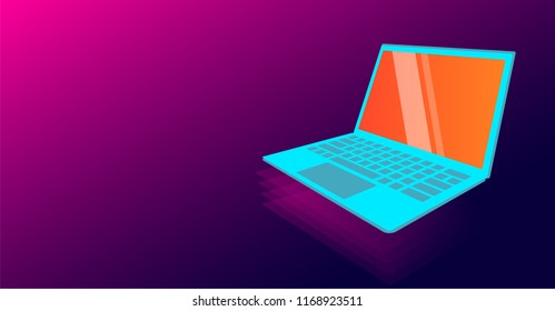 Modern laptop pc computer on pink purple background. Concept of chain grid network organization or blockchain  structure web system. New technologies innovative 