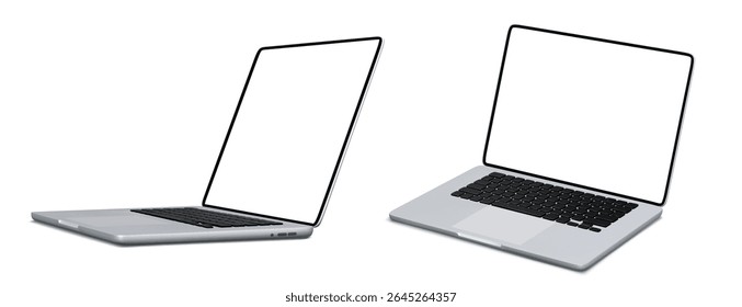 Modern laptop pc mockup set with blank white screens and silver bodies - two different angle views showing black keyboards for digital presentation, website design showcase and technology branding.