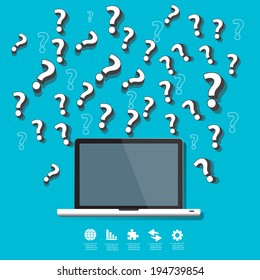 Modern laptop with question mark concepts in flat design for web, mobile applications, seo optimizations, business, social networks, e-commerce,planning and teamwork