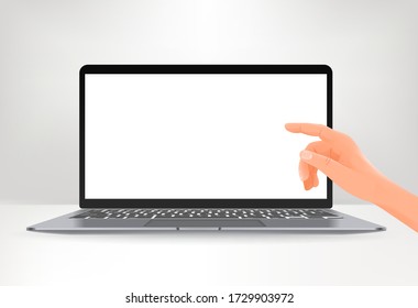Moderner Laptop Bildschirm mit Handzeige auf den Bildschirm. Vektor-Aufsteckkarte mit leerem Bildschirm