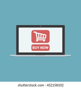 Modern laptop with shopping cart icon isolated on background. Online shopping concept