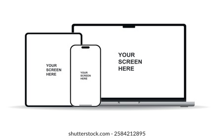 Modern laptop, smartphone, and tablet mockups, high quality and isolated on a white background. Perfect for UI app design, web design, and responsive layouts.