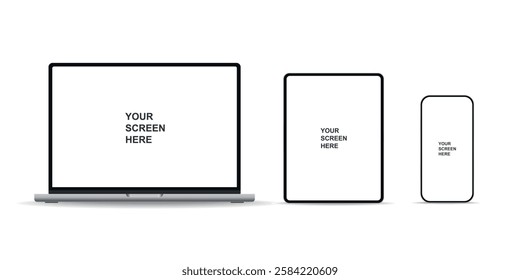 Modern laptop, smartphone, and tablet mockups, high quality and isolated on a white background. Perfect for UI app design, web design, and responsive layouts.