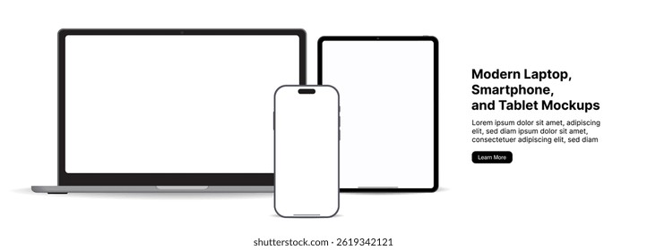 Modern Laptop, Smartphone, and Tablet Mockups Front View Isolated on White Background – Notebook and Mobile Device Mockups for UI and UX App and Website Presentation. Vector.