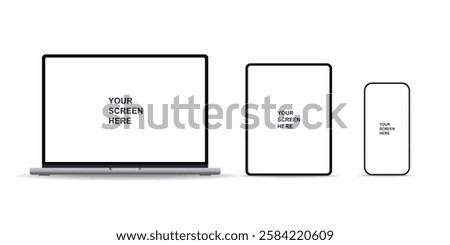 Modern laptop, smartphone, and tablet mockups, high quality and isolated on a white background. Perfect for UI app design, web design, and responsive layouts.