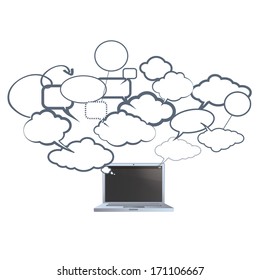 Modern laptop with speech bubbles over white background. Vector design. 