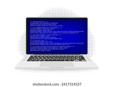 Portátil moderno con mensaje de error del sistema en pantalla azul. Mensaje de error de bloqueo del sistema operativo. Informe de mal funcionamiento de BSOD. Concepto de servicio de diagnóstico y reparación de ordenadores personales. Ilustración del vector