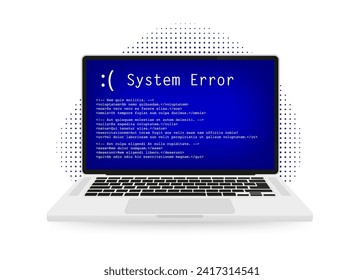 Portátil moderno con mensaje de error del sistema en pantalla azul. Mensaje de error de bloqueo del sistema operativo. Informe de mal funcionamiento de BSOD. Concepto de servicio de diagnóstico y reparación de ordenadores personales. Ilustración del vector