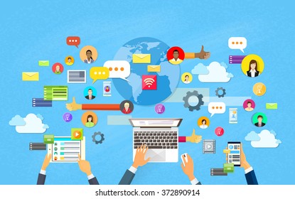 Modern Laptop Tablet Smart Cell Phone Social Network Communication Concept Flat Vector Illustration