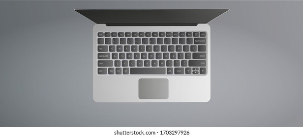 Modern laptop top view. Open laptop on a gray background. Realistic vector illustration.