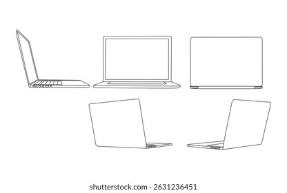 Modern Laptop Vector Illustration – Line Art Style. Minimal Outline Drawing of Laptops – Multiple Angles.
Vector Set of Laptop Sketches – Front, Side, Back Views.