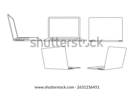 Modern Laptop Vector Illustration – Line Art Style. Minimal Outline Drawing of Laptops – Multiple Angles.
Vector Set of Laptop Sketches – Front, Side, Back Views.