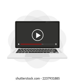 A modern laptop with a video player on the screen. Online videos, movies, study materials, web course concepts. flat design. Vector illustration