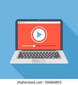 Modern Laptop With Video Player On Screen. Online Video, Watch Movies, Educational Materials, Web Courses Concepts. Long Shadow Flat Design. Vector Illustration