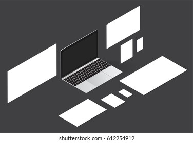 Modern laptop web device vector with laptop, tablet on dark background. vector illustration