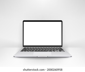 Modern laptop in white interior. Realistic vector mockup