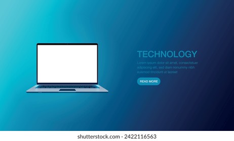 Portátil moderno con pantalla blanca, ilustración de diseño 3d en un fondo degradado azul