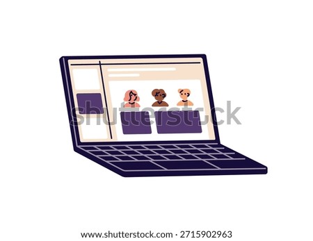Modern laptop for working, browsing websites in the Internet. Mobile computer is on office workplace. Device, equipment for online business. Flat isolated vector illustration on white background