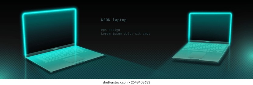 Modern laptops outlined with turquoise neon glow on dark background. Minimalist mockup with illuminated screens and keyboards at different angles. Realistic 3d visualization for tech designs.