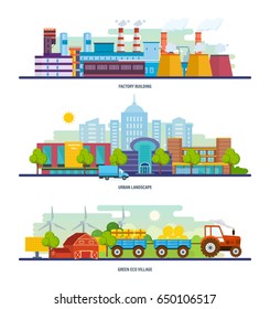 Modern large factory building, a landscape of the surrounding city, transport, an ecologically clean green village. Vector illustration isolated on white background.