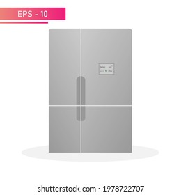 Moderno frigorífico gris con pantalla, mangos verticales y cuatro cámaras. Diseño realista. Sobre un fondo blanco. Aparatos domésticos para el hogar. Ilustración vectorial plana.