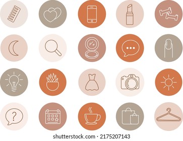 Modern large set of highlights covers Icons in a circle on a white background. Abstract minimal patterns and stamps in a pastel nude palette. Line style graphics isolated vector template.