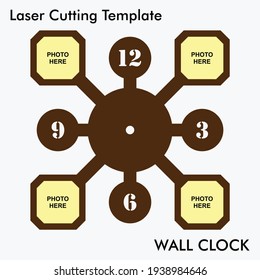 Modern Laser cutting wall clock with 4 photo options for wall and home decor. vector wall clock template for mdf and acrylic cutting. Living room decor wall clock cut file.