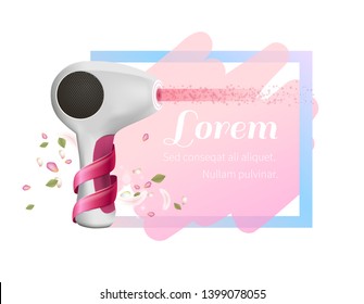 Modern Laser Epilator with Light Beam Wrapped with Red Lace, Flower Petals on Pink Brush Stroke Background. Hair Removal, Epilation, Beauty Skin Care Accessory 3D Vector Realistic Illustration, Banner