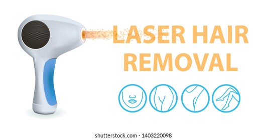Modern Laser Epilator with Light Beam and Line Art Icons with Areas for Epilation on White Background. Hair Removal Method. Beauty and Skin Care Technology Equipment. 3D Vector Realistic Illustration