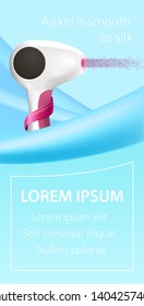 Modern Laser Epilator on Blue Background. Hair Removal, Epilation, Beauty Skin Care Accessory for Female Healthcare. Spa Salon or Domestic Use Tool. 3D Vector Realistic Illustration, Vertical Banner