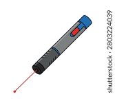Modern laser pointer emitting a thin red beam. A grey and black handheld laser pointer with a red button and blue accents projecting a straight red light beam. Ideal for presentation infographics or educational diagrams.