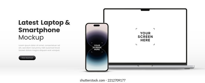Modern latest laptop mockup front view and smartphone mockup high quality isolated on white background. Notebook mockup and phone device mockup for ui ux app and website presentation Stock Vector.