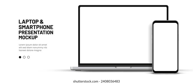 Moderna y moderna vista frontal de simulación de laptop y simulación de smartphone de alta calidad aislado en fondo blanco. Mockup para portátiles y simulación de dispositivos de teléfono para ui ux app y presentación del sitio web Stock Vector.