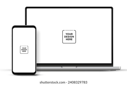 Modern latest laptop mockup front view and smartphone mockup high quality isolated on white background. Notebook mockup and phone device mockup for ui ux app and website presentation Stock Vector.