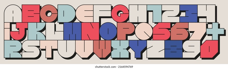 Modern Latin alphabet with numbers. Simple square letters of rough shapes. English font of linear capital, very thick letters with a thin stroke. Ultra bold font in modern brutal style. - Shutterstock ID 2164594769