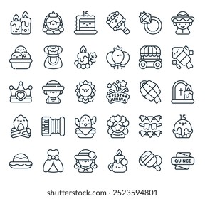 modern latin celebrations icon pack. perfect for linear ui designs featuring vector quince, balero, candle, woman, dress and more icons.