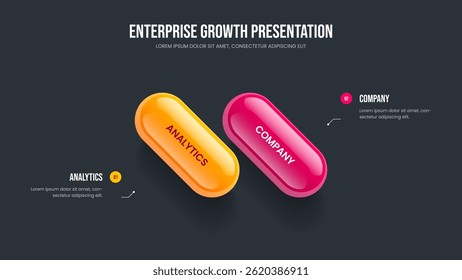 Modern Launch 2 Step Infographic Slide Template. Market Forecast Presentation Layout Vector Illustration. Advertising Visualization Two Element Diagram Slideshow Design.