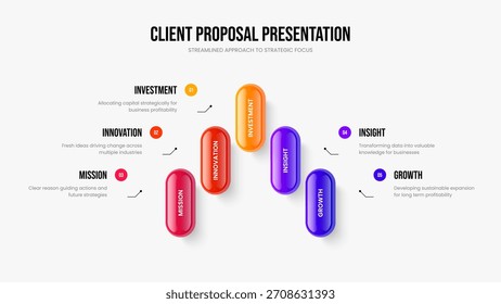 Modern Launch Five Step Infographic Presentation Template. Visual Overview 5 Option Diagram Slideshow Design. Market Introduction Frame Layout Vector Illustration.
