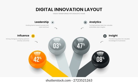 Diseño moderno de presentación de diagrama de cuatro opciones de lanzamiento. Diseño de diapositiva de infografía de elementos de estrategia de proyecto 4. Ilustración vectorial de Plantilla de marco de solución elegante.