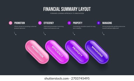 Ilustração de vetor de design de slide de lançamento moderno. Modelo de apresentação de infográfico de quatro elementos da mostra corporativa. Layout do Quadro do Diagrama de Opção 4 da Estratégia Empresarial.