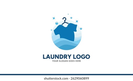 Modern Laundry Logo Design with Hanger and Shirt Icon in Blue Tones on White Background