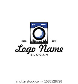 Modern laundry machine logo vector. elecric clothing wash and cleaning service. Editable design for shop, store, business company. Modern vintage look, flat style. Apply to web, smart phone apps brand